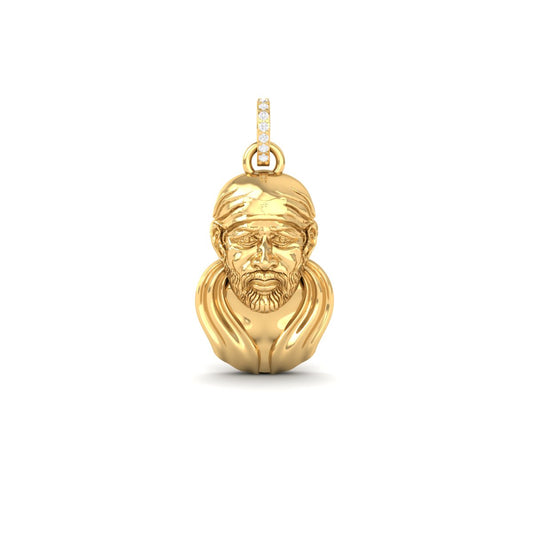 A gold pendant shaped like a bust portrait of Saint Theravala, featuring a small diamond-accented top loop, shown on a clean white background.