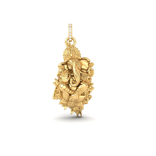 A gold pendant featuring a detailed Ganesha design with small clear stones set along the bail, shown against a plain white background.