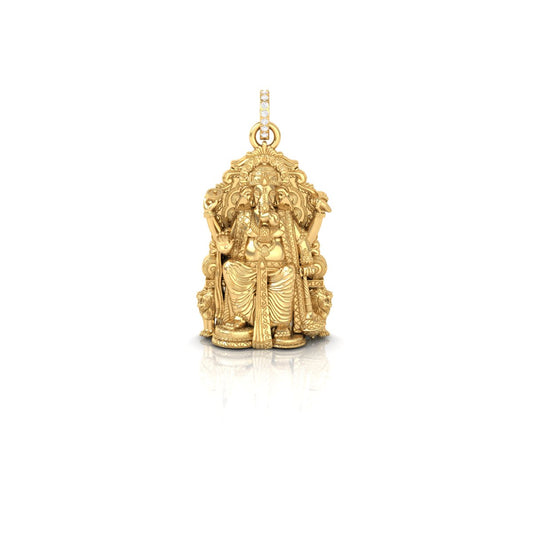 A detailed gold pendant of Lord Ganesha seated on a throne, featuring a small diamond halo at the top, set against a clean white background with a soft reflection below.