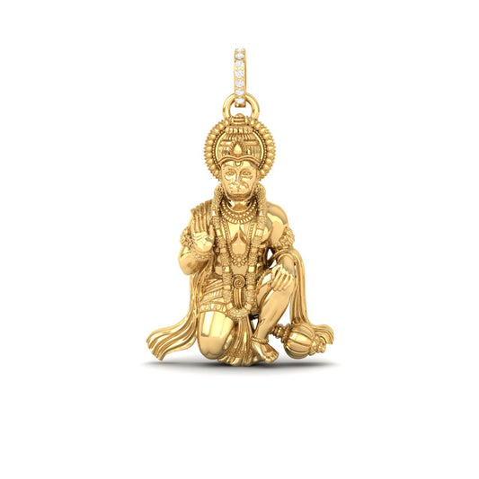 A detailed gold pendant of Lord Hanuman in a kneeling pose, featuring intricate carvings and a small diamond-studded top loop, set against a plain white background.