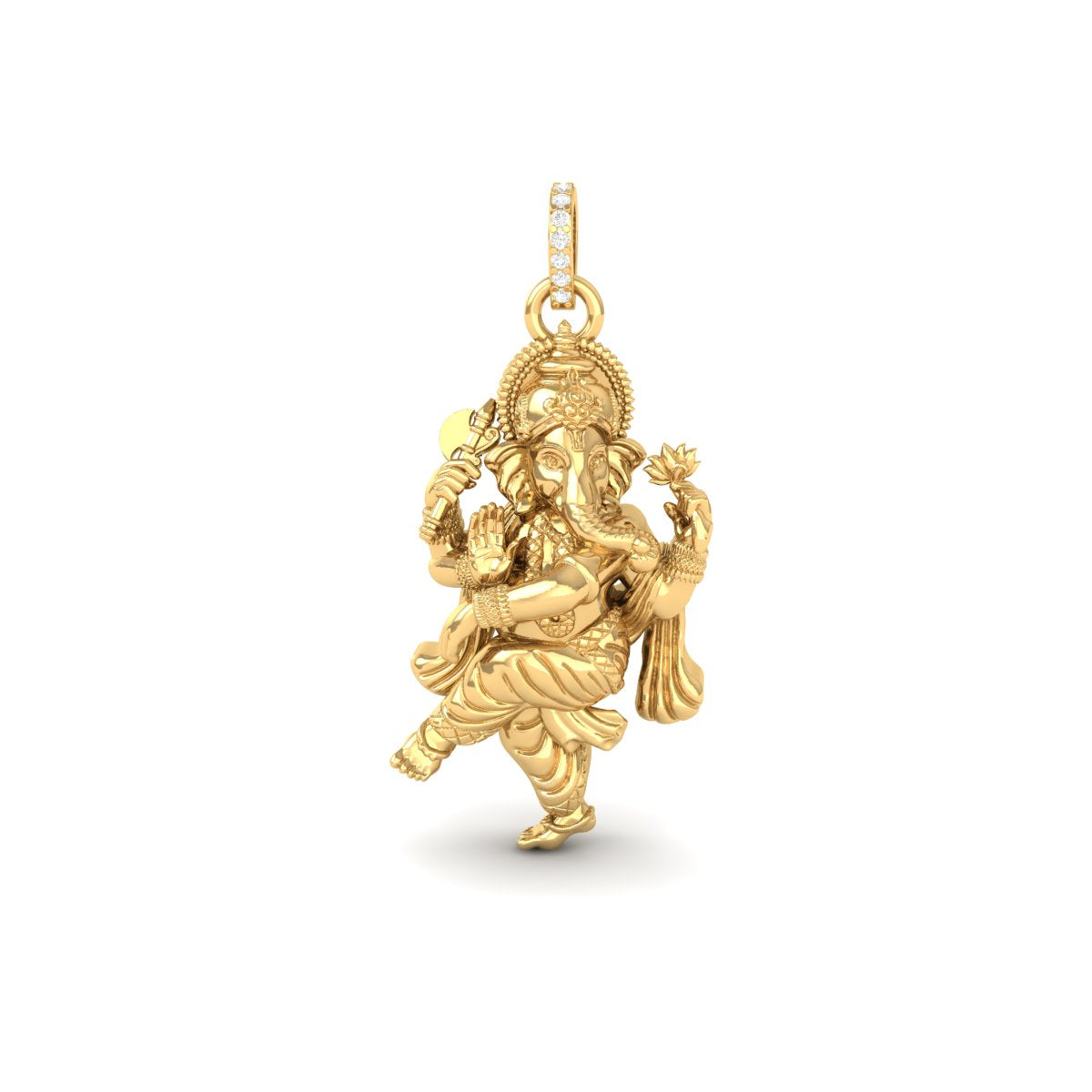 A gold pendant of Lord Ganesha, featuring a detailed dancing deity design with a small row of clear stones along the top bail, set against a plain white background.