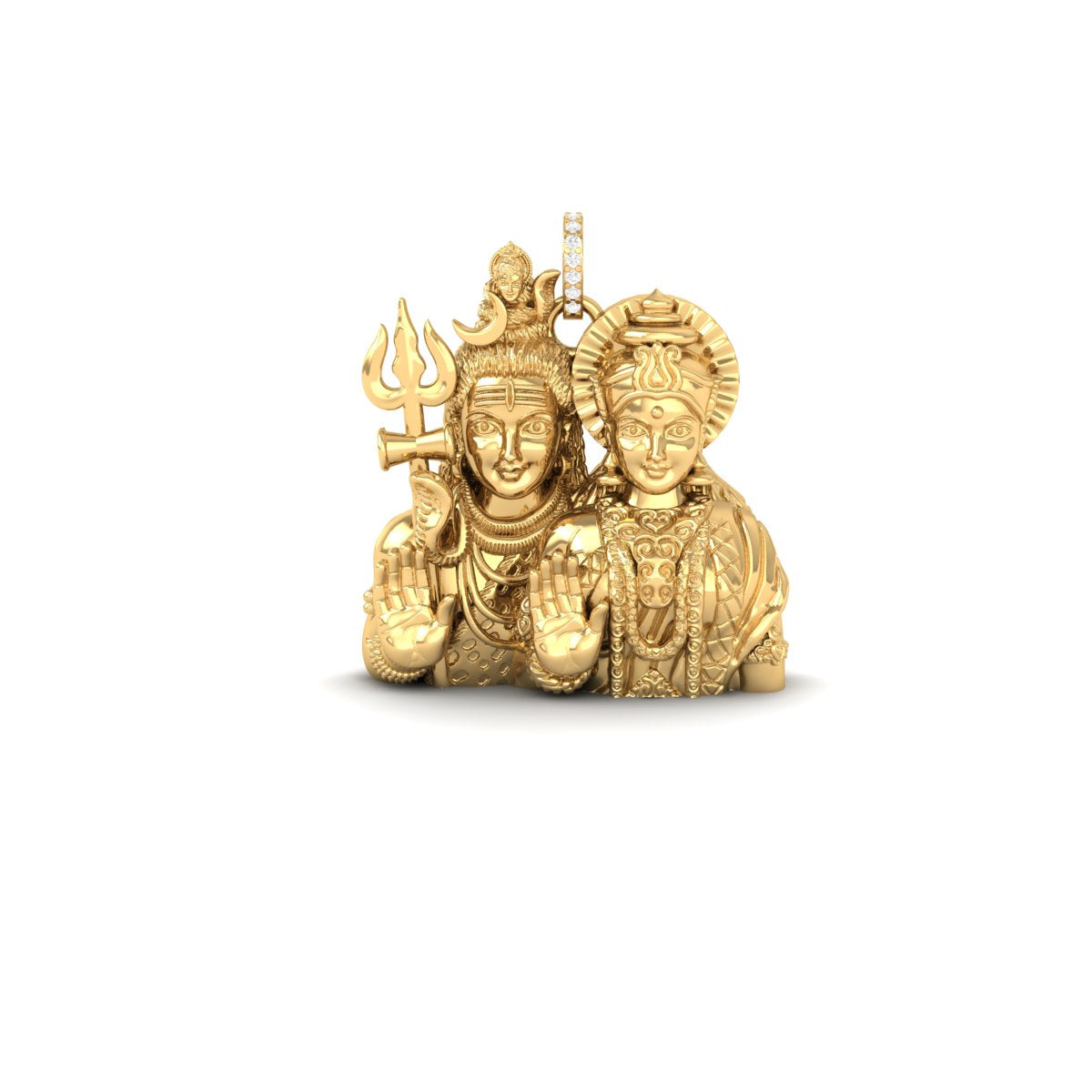 A gold pendant featuring a detailed depiction of Lord Shiva and Goddess Lakshmi, with a small diamond-studded bail at the top, shown on a plain white background.