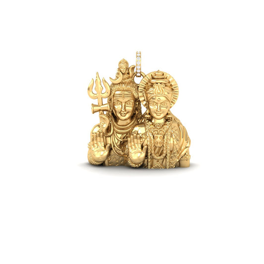 A gold pendant featuring a detailed depiction of Lord Shiva and Goddess Lakshmi, with a small diamond-studded bail at the top, shown on a plain white background.