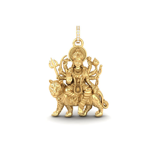 A detailed gold pendant depicting Goddess Lakshmi riding a tiger, with a small halo and a top loop for a chain, shown on a plain white background.