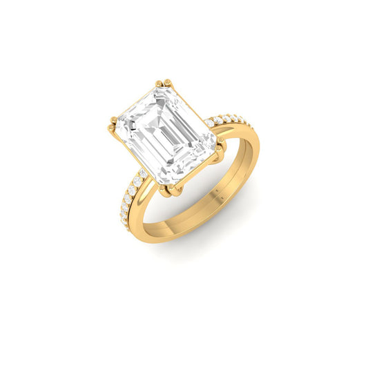 Emerald Cut Solitaire Engagement Ring for Women | 18K Gold Over Sterling Silver | Pave Side Stones | True Elegant Ring