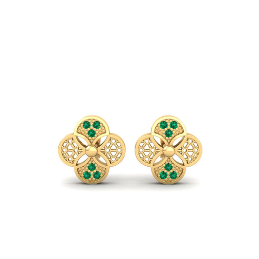 Floral Clover Stud Earrings with Green Stones – 18K Yellow Gold Over Sterling Silver