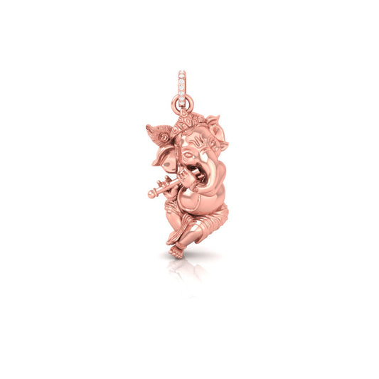 A rose gold Ganesha pendant featuring a detailed depiction of Ganesha playing a flute, shown on a clean white background with a soft reflection below.