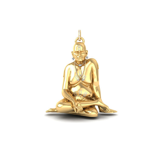 A polished gold pendant shaped like a seated Buddha figure, shown on a clean white background with a soft shadow beneath it.