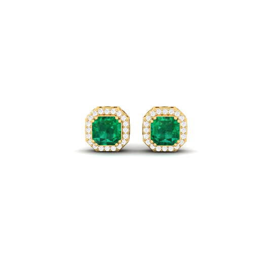 Cushion Cut Green Emerald Halo Stud Earrings for Women | 18K Yellow Gold Over Sterling Silver