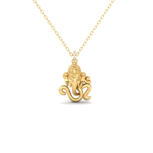 A gold pendant necklace featuring a detailed Ganesha elephant-headed deity charm on a delicate gold chain, set against a plain white background.