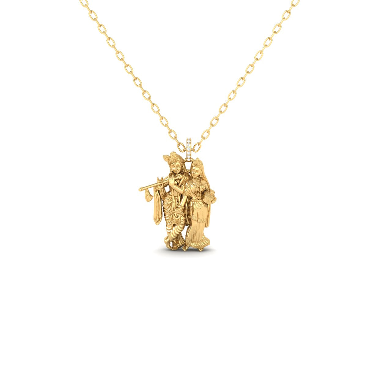 A gold pendant necklace featuring a detailed figurine of a man playing a flute next to a woman, suspended from a delicate gold chain against a plain white background.