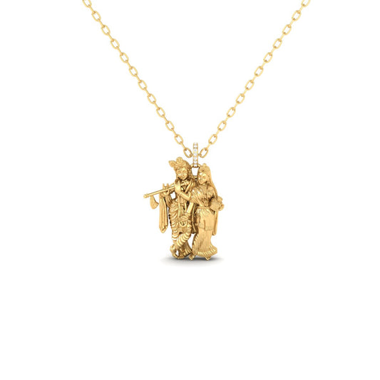 A gold pendant necklace featuring a detailed figurine of a man playing a flute next to a woman, suspended from a delicate gold chain against a plain white background.