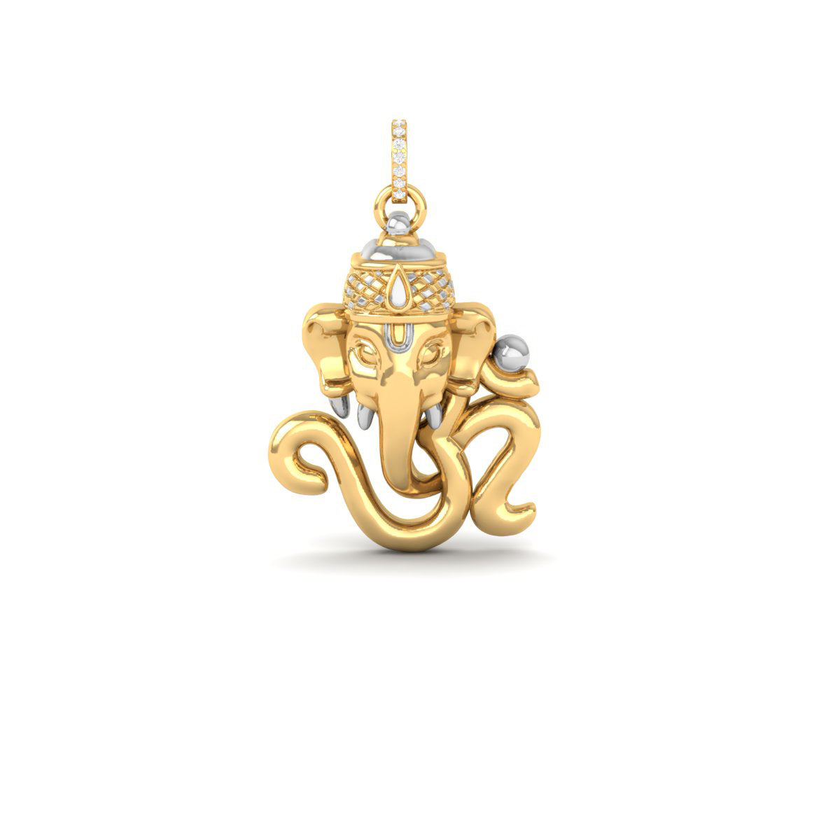 A gold pendant shaped like Ganesha, featuring a polished yellow-gold finish with small silver-colored accents on the crown and ear, set against a clean white background.