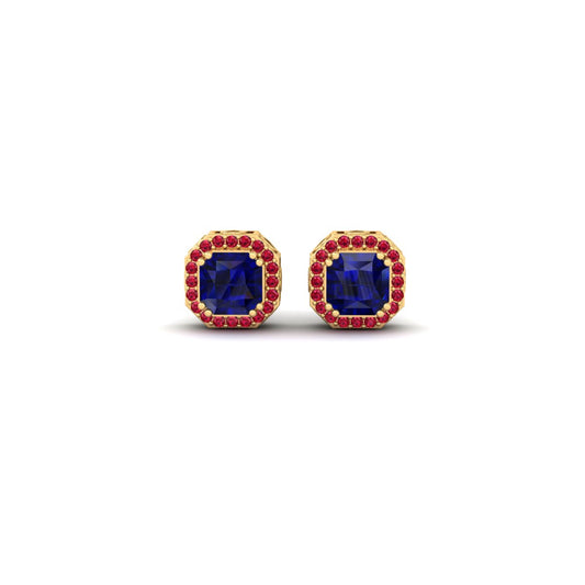 Cushion Cut Blue Sapphire and Red Ruby Halo Stud Earrings | 18K Yellow Gold Over Sterling Silver