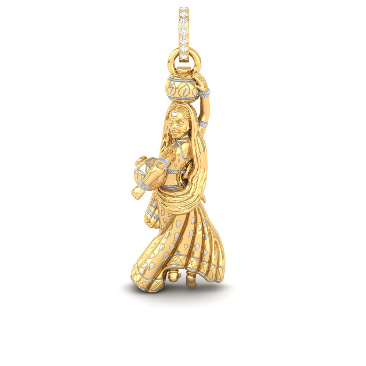 A gold pendant charm of a dancing woman in an ornate gold and light blue enamel dress, holding a pot on her head, shown on a white background.