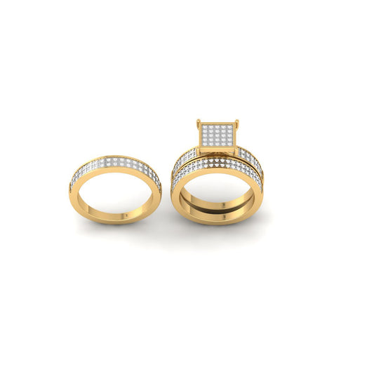 His and Hers Wedding Ring Set | Gold Over Silver Matching Bands | Square Halo Engagement Ring & Band | True Elegant