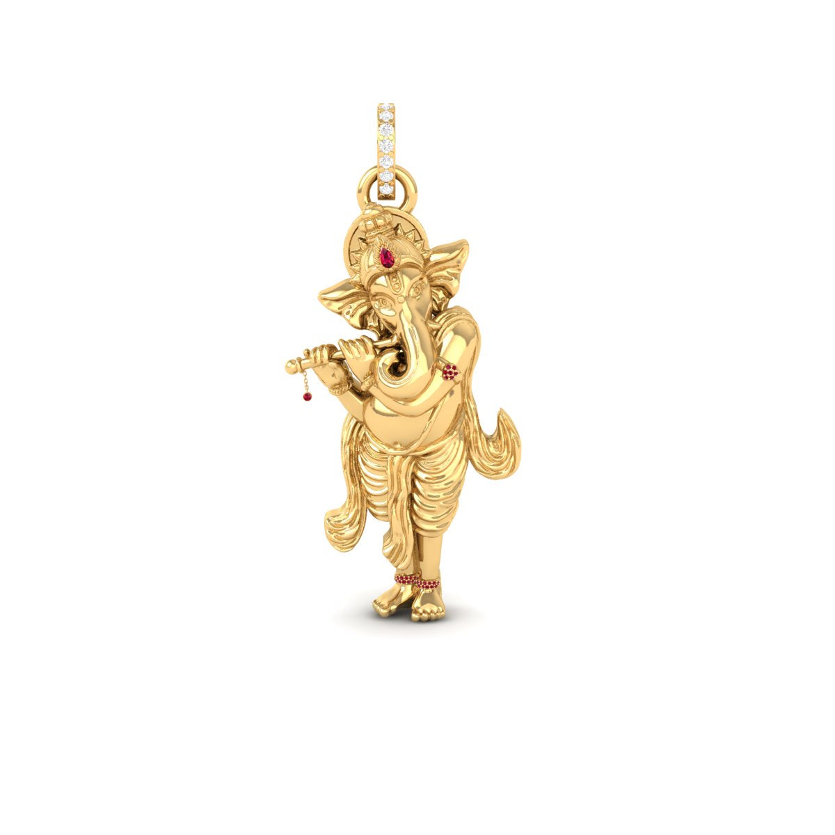 A gold Ganesha pendant featuring a detailed elephant-headed deity holding a flute, accented with small red gemstones and a row of clear stones at the top, shown on a plain white background.
