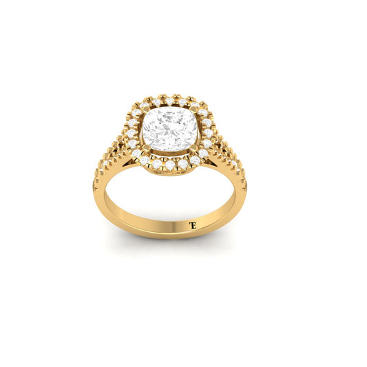 Cushion Cut Moissanite Double Halo Engagement Ring | 18K Yellow Gold Over Sterling Silver | Split Shank Bridal Ring for Women