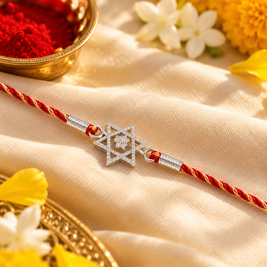 A red and gold braided silk Rakhi with a silver-tone Star of David charm, displayed on a light cream background with decorative flowers and small bowls of red and white powder.