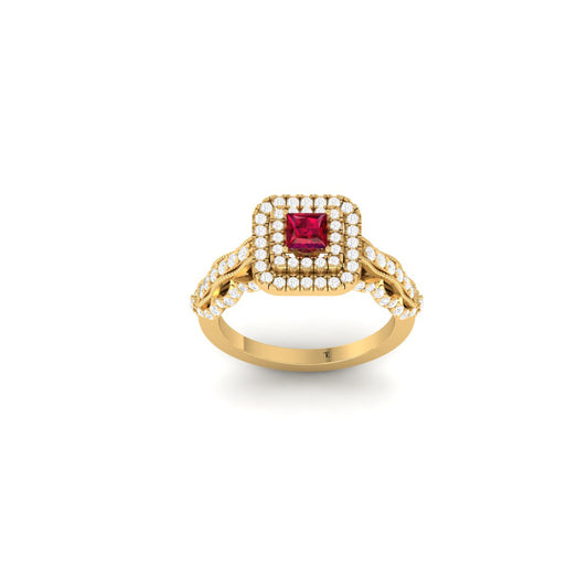 True Elegant 0.75 Ct Princess Cut Red Ruby Halo Moissanite Engagement Ring 14K Yellow Gold Plated