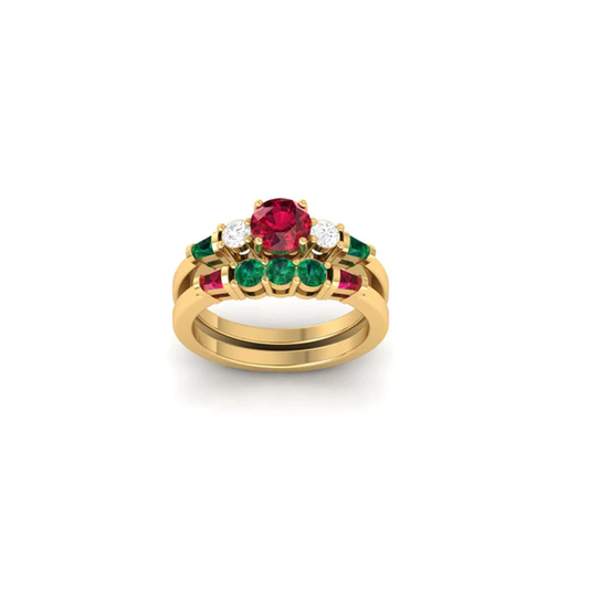 Red Ruby Emerald Bridal Set  Band Ring | 14k Gold Plated Ring
