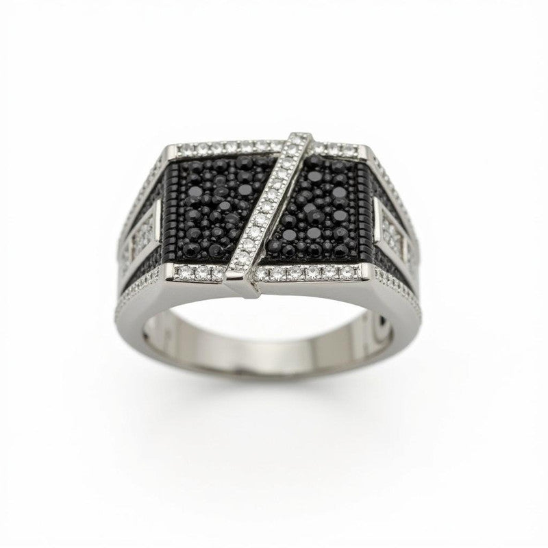 Black & White Stones in a Multi-Faceted Moissanite Ring