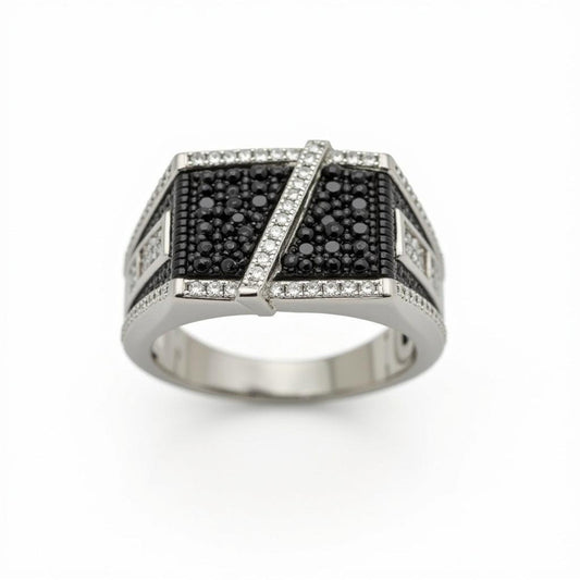 Black & White Stones in a Multi-Faceted Moissanite Ring
