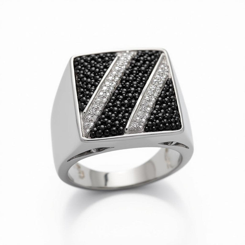 Black Diamond & Moissanite Diagonal Stripe Signet Ring