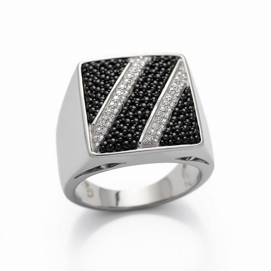 Black Diamond & Moissanite Diagonal Stripe Signet Ring