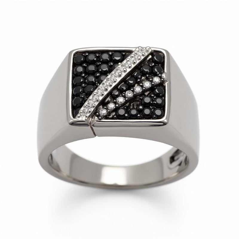 Black & Moissanite Asymmetrical Signet Ring Band