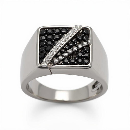 Black & Moissanite Asymmetrical Signet Ring Band