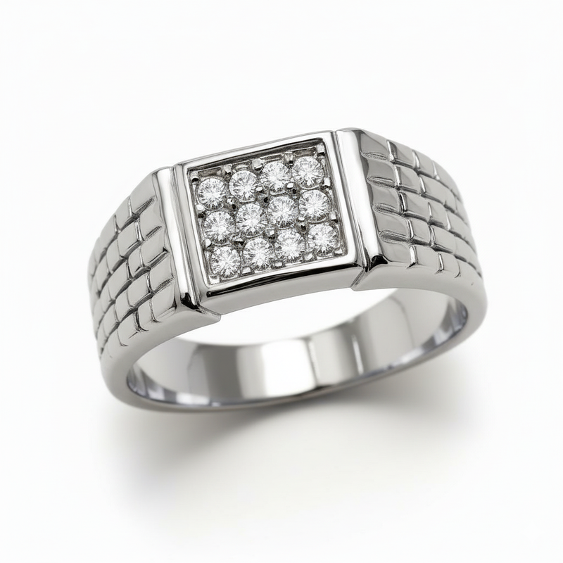 Square Cluster Moissanite Signet Ring with Brick Band