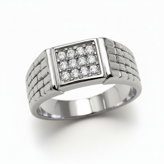 Square Cluster Moissanite Signet Ring with Brick Band