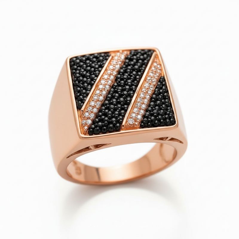 Black Diamond & Moissanite Diagonal Stripe Signet Ring