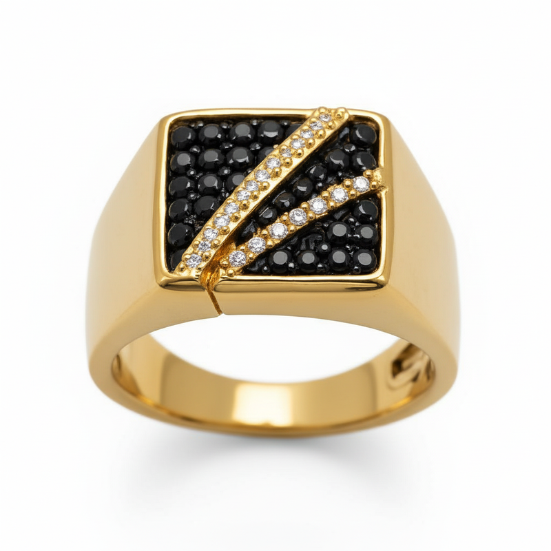 Black & Moissanite Asymmetrical Signet Ring Band