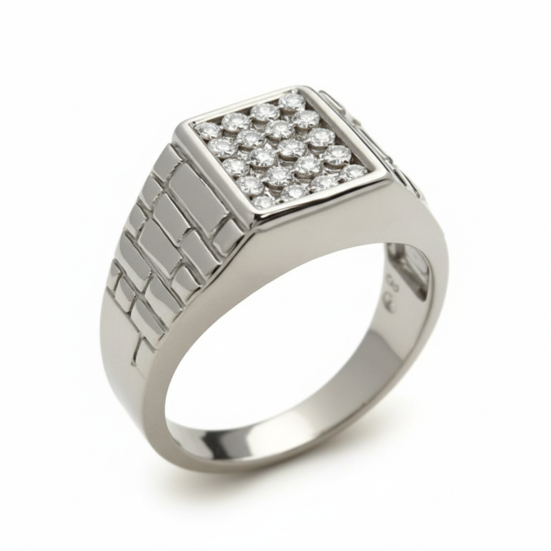 Moissanite Cluster Textured Design Signet Ring