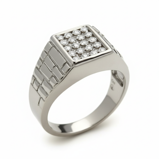 Moissanite Cluster Textured Design Signet Ring