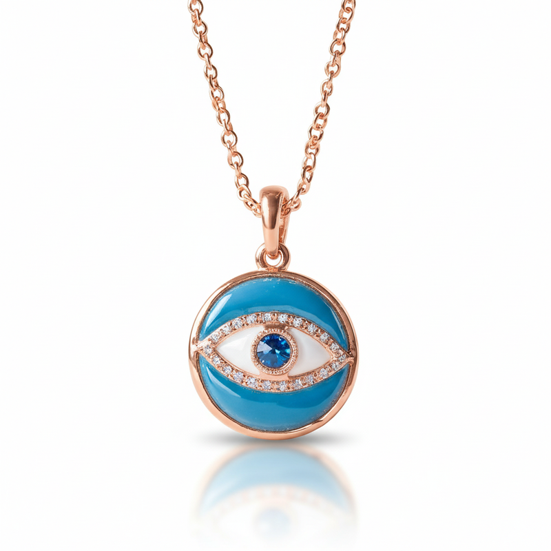 Bright Blue Enamel Charm Round Evil Eye Moissanite Necklace