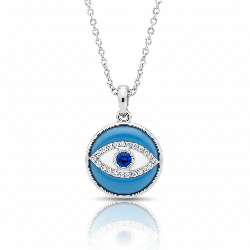 Bright Blue Enamel Charm Round Evil Eye Moissanite Necklace