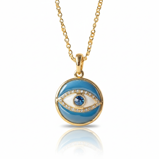 Bright Blue Enamel Charm Round Evil Eye Moissanite Necklace